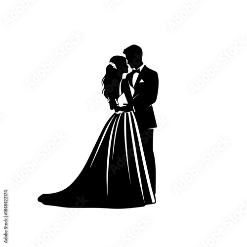 A couple shares a tender moment on their wedding day, embracing each other in a romantic silhouette illustration.