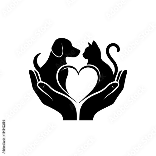 Hands holding a heart with a dog and cat silhouette