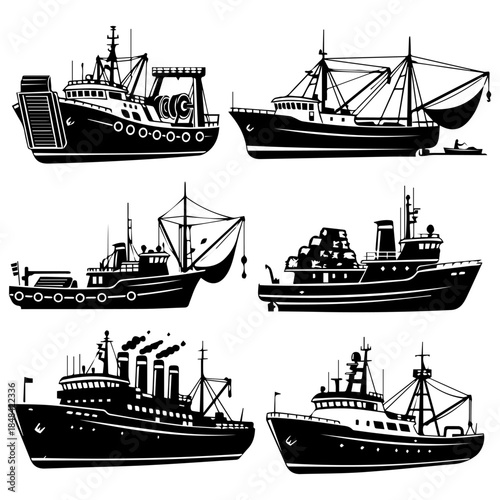 Collection of fishing boats in black and white illustrations