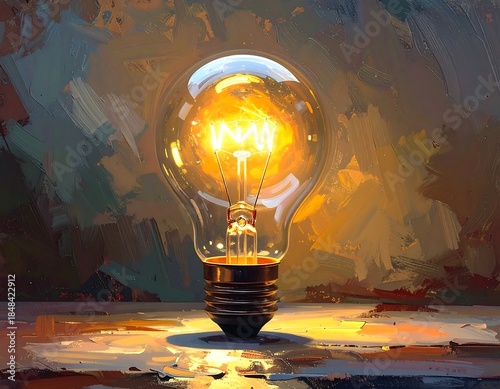 Illuminated lightbulb against blurred painterly background