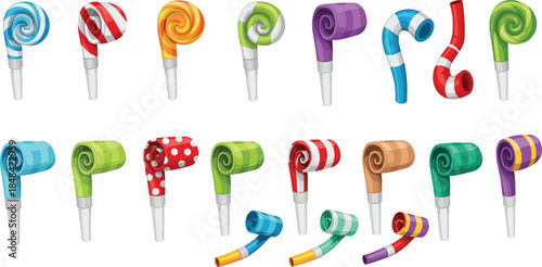 Set of colorful party blowers and noisemakers with various patterns including stripes polka dots and solid colors isolated on white background flat vector illustration