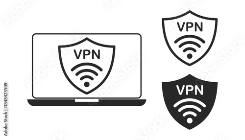 A clean vector illustration of a laptop featuring a shield icon with the text VPN and a wireless signal. It represents digital privacy and encrypted internet security.