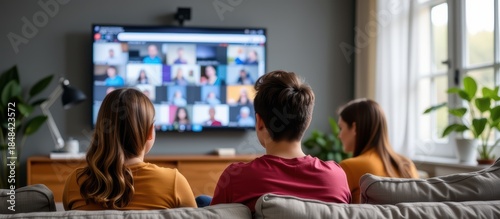 A group of people watching a virtual meeting on a large screen, sitting comfortably on a couch in a cozy living room setting.
