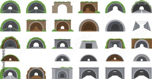 Set of various tunnel designs including road tunnels mountain passages stone arches and modern concrete underpasses isolated on white background flat vector illustration
