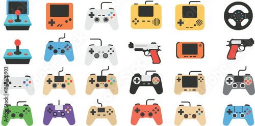 Video game controller and console icon set with retro joysticks modern gamepads handheld devices and gaming peripherals isolated on white background flat vector illustration