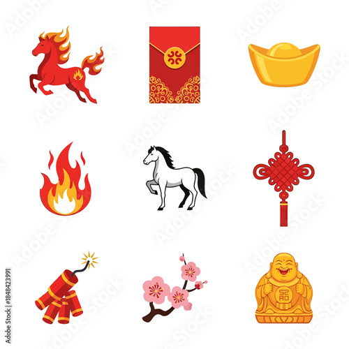 Auspicious icons for lunar new year celebration showcasing prosperity and good fortune symbolism