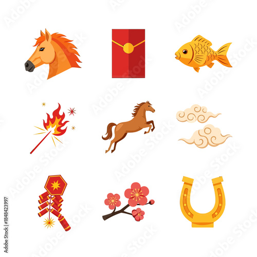 Auspicious icons of Chinese New Year celebrations: traditional emblems and cultural symbols of