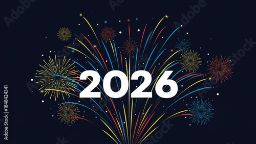 Vibrant fireworks exploding in the night sky with colorful sparks and the year 2026 in bold white letters on a dark blue