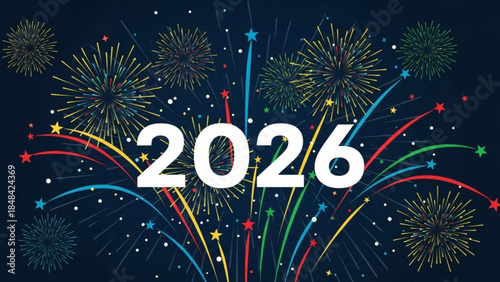 Vibrant fireworks display on a dark night sky with colorful sparks and stars celebrating 2026