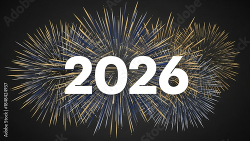 Vibrant colorful fireworks exploding behind 2026 text on black background celebrating new year