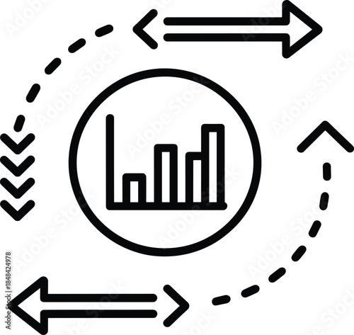 Circular flow diagram with bar chart icon and arrows showing data analytics, feedback loop, and iterative business process