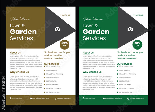  flyer template enhances your garden services' online presence. It is perfect for promoting landscaping  Lawn Care and Gardening Services Flyer Design | Landscaping leaflet design set