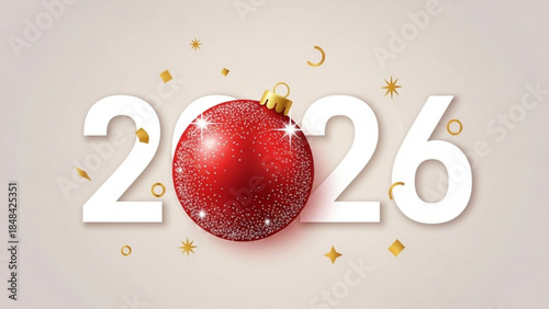 Sparkling red christmas ornament surrounded by golden confetti and stars on a beige background with large white 2026 numbers