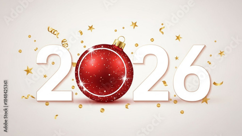 A shiny red christmas ornament on 2026 new year celebration with golden confetti and stars on beige background