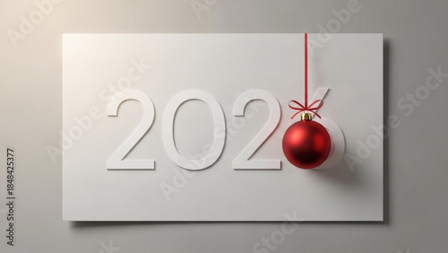 White 2026 new year sign with hanging red christmas ornament on white background with gray wall