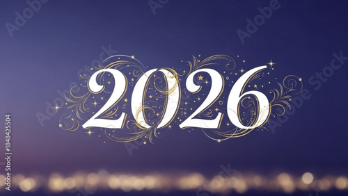 A festive white 2026 year number with golden swirls and stars on dark blue background with city lights