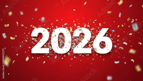 Vibrant 2026 celebration with confetti on red background, festive and joyful atmosphere for new year