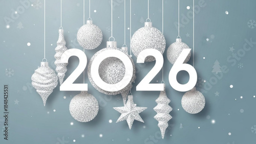 New year 2026 celebration with hanging white glittery christmas ornaments on blue background with snowflakes