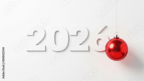 A shiny red christmas ornament hanging next to large white 2026 text on a clean white background with subtle shadow