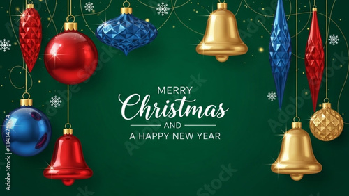 Merry christmas and happy new year festive graphic with colorful ornaments on green background with snowflakes