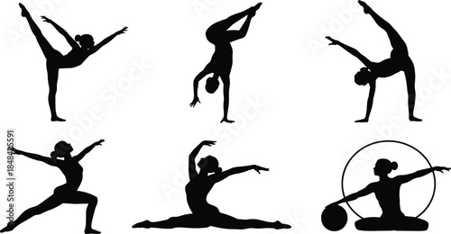 Artistic Silhouettes of Women in Gymnastics and Dance Poses Keywords: gymnastics, dance, silhouette, woman, girl, athlete, sport