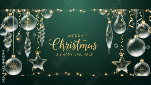 Merry christmas and happy new year celebration with clear glass ornaments, gold text on dark green background with string lights