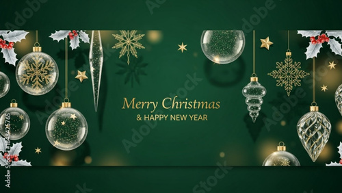 Merry christmas and happy new year festive holiday background with glass ornaments, snowflakes, stars, and holly on dark green