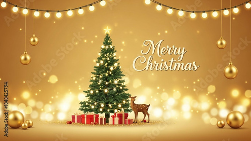 Merry christmas scene with decorated tree, presents, and reindeer on warm golden background with lights