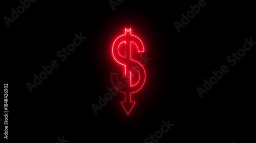 Neon Glowing Dollar Symbol with Downward Arrow Icon Animation on Black Background, Looping Financial Decline and Loss Symbol for Expense Increase, Revenue Drop, Market Downtrend, Business Finance UI