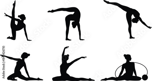 Rhythmic Gymnastics Silhouettes of Women Performing Various Poses Keywords: rhythmic gymnastics, silhouette, woman, girl