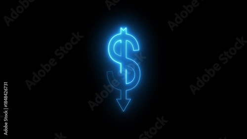Neon Glowing Dollar Symbol with Downward Arrow Icon Animation on Black Background, Looping Financial Decline and Loss Symbol for Expense Increase, Revenue Drop, Market Downtrend, Business Finance UI