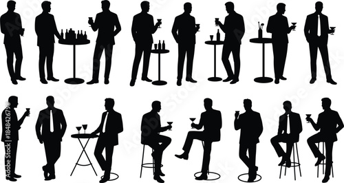 Silhouette collection of men in suits holding drinks at cocktail tables drinking