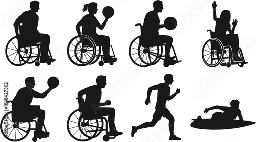 Silhouettes of people with disabilities participating in sports and activities disability wheelchair
