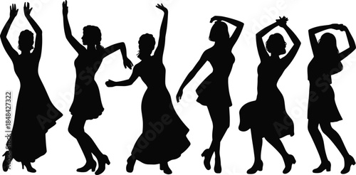 Silhouettes of six women dancing in various poses on a white background woman female