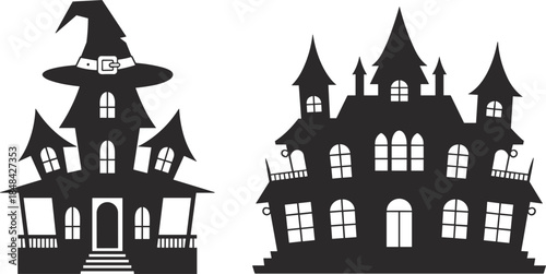 Silhouettes Of Two Spooky Halloween Houses On White Background Keywords: halloween, house, haunted, spooky, silhouette, black