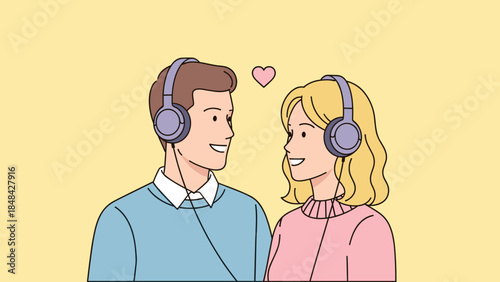 Young Loving Couple Wearing Headphones and Sharing Music