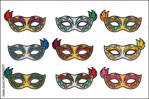 Colorful Venetian Carnival Mask Collection with Feathers and Ornate Patterns