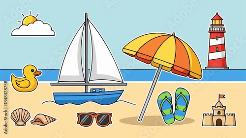 Beach Vacation Scene With Sailboat And Lighthouse.