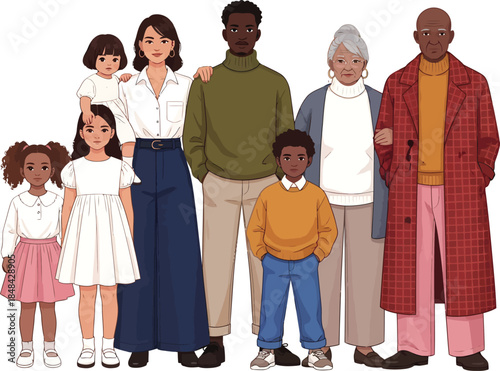 Multigenerational family standing together in a line on white background