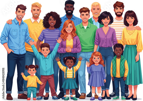 Diverse group of people of different ages and ethnicities standing together in casual clothing on white background