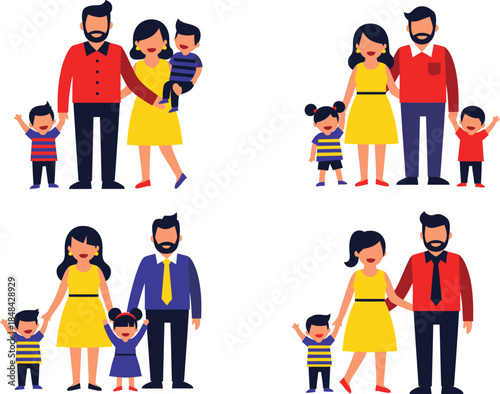 Illustrations of diverse family groups with parents and children in various poses and outfits