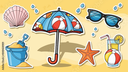 Beach Vacation Essentials Collection with Umbrella and Sand Bucket.
