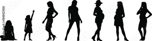 Silhouettes of female life stages from childhood to pregnancy showing growth, identity, and emotional development in side view