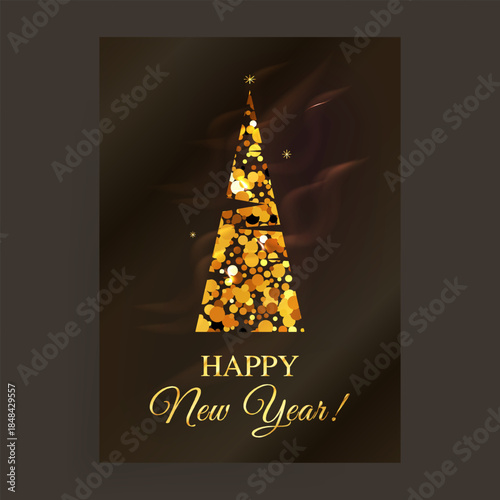 New Year Card with Christmas Golden Glitter Tree Vector
