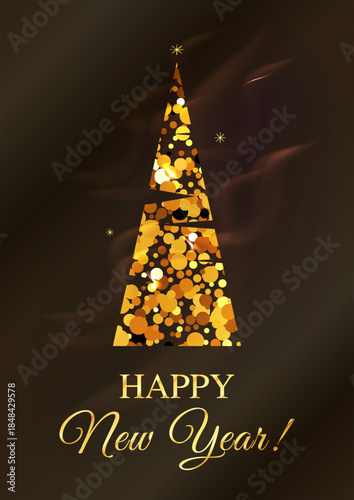 New Year Card with Christmas Glitter Golden Tree Vector