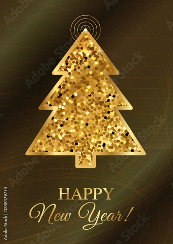 Christmas Glitter Golden Tree with Radar Vector New Year Card