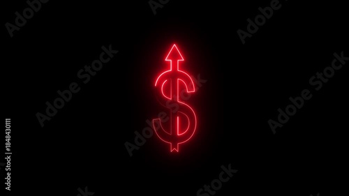 Neon Glowing Dollar Symbol with Upward Arrow Icon Animation on Black Background, Looping Income and Revenue Growth Symbol, Market Upward Trend, Financial Profit Concept for Business Finance UI