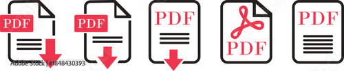 PDF File Format icon set. PDF file download symbols. Format for texts, images, vector images, interactive forms. Type document, symbol web format information, file format symbol. Vector illustration.