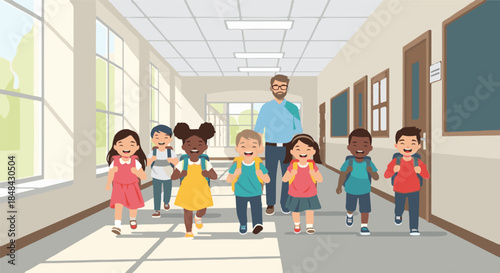 Diverse group of happy elementary school children walking in a bright hallway, with their male teacher observing them. A cheerful illustration depicting a return to school and education