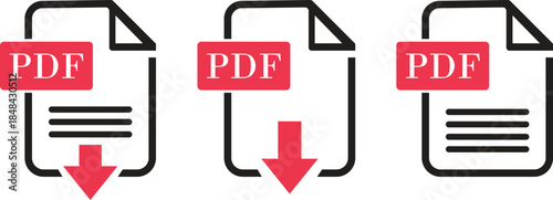 PDF File Format icon set. PDF file download symbols. Format for texts, images, vector images, interactive forms. Type document, symbol web format information, file format symbol. Vector illustration.
